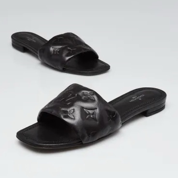 LOUIS VUITTON Black Monogram Leather Revival Flat Mule Sandals 37 - Picture 1 of 8